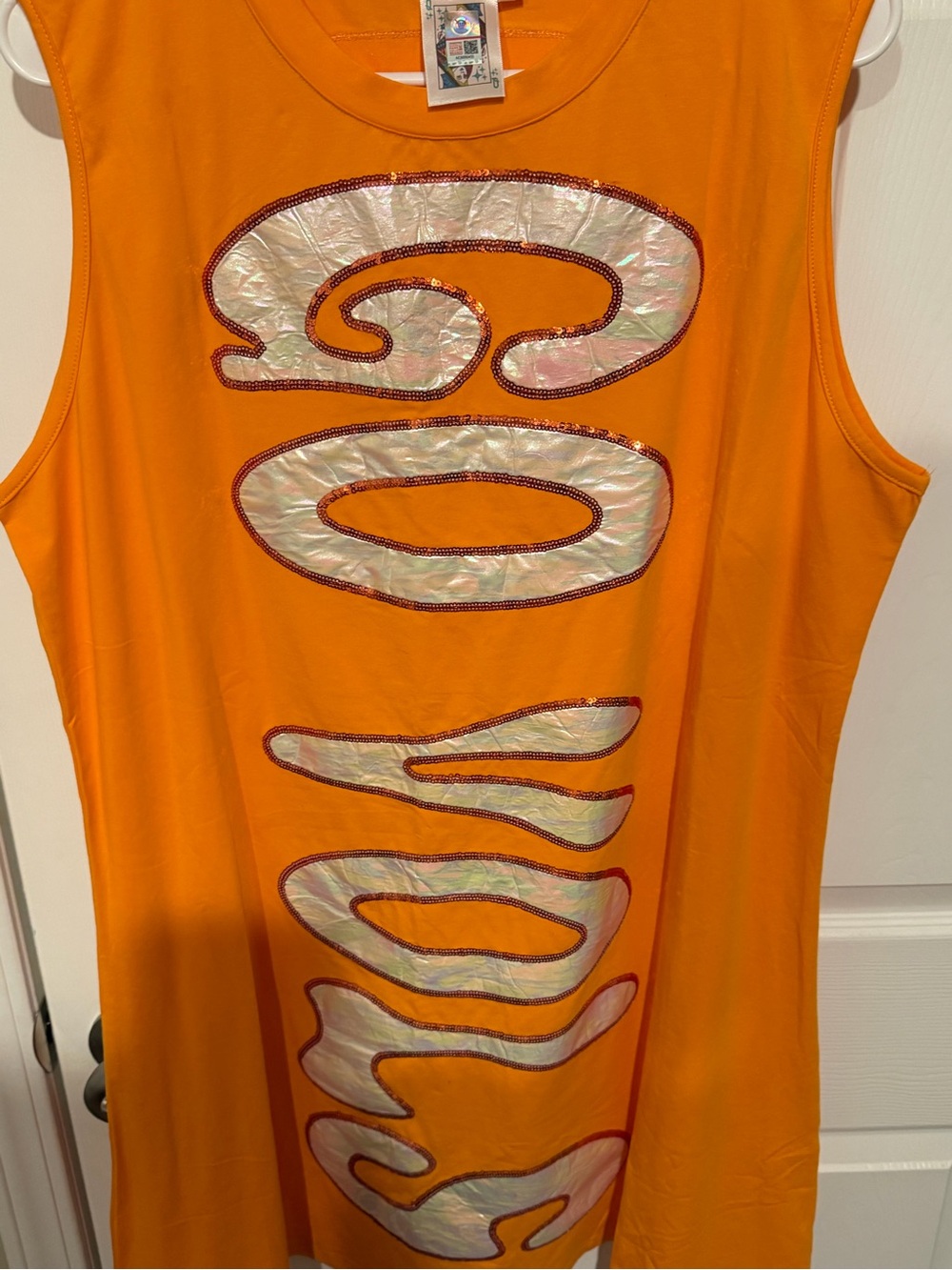 QUEEN OF SPARKLES Orange Sleeveless Mini Dress with Iridescent Graphic - Picture 2 of 3